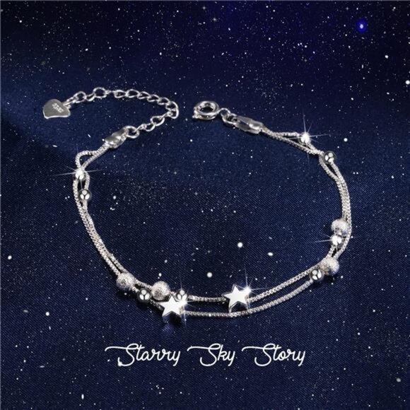 Silver 925 Charm Link Bracelet - Layered Stars & Beads, Adjustable Chain for Wom - Picture 2 of 7